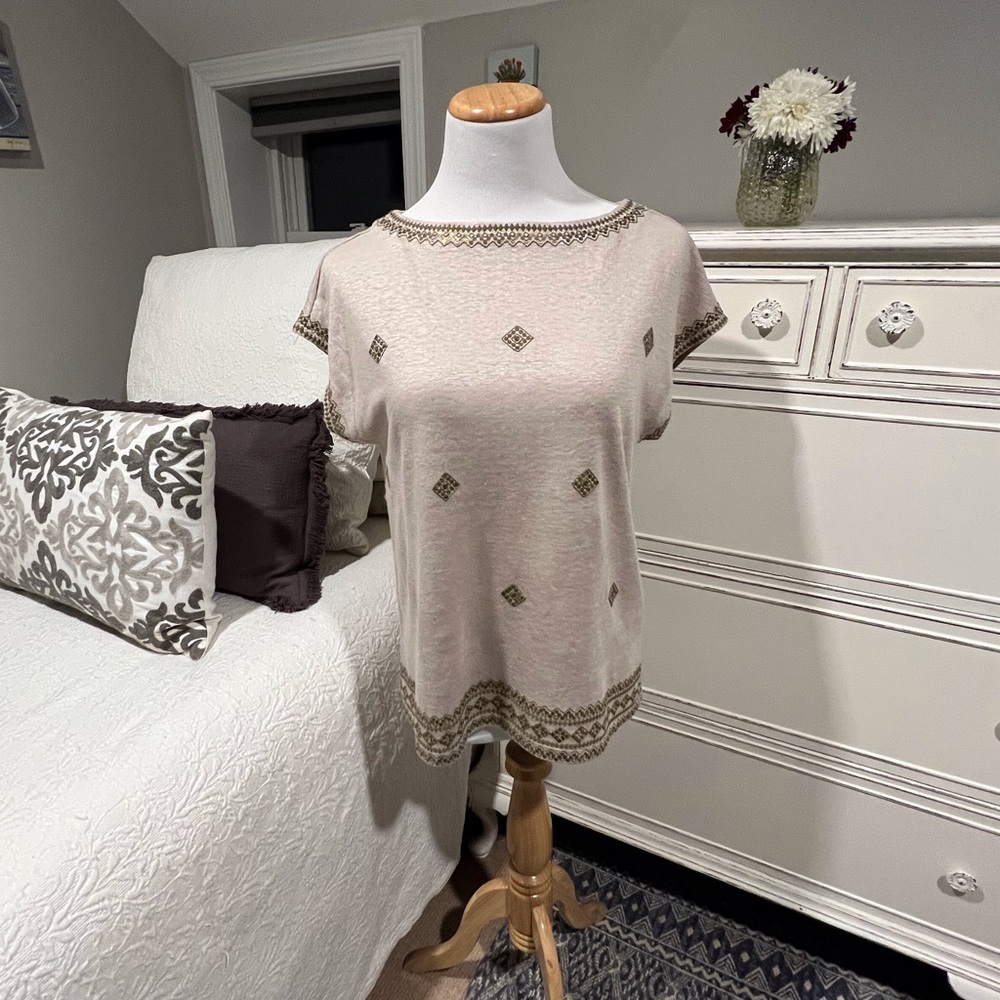 J. Jill Tan Linen Top With Sequin Embellishment